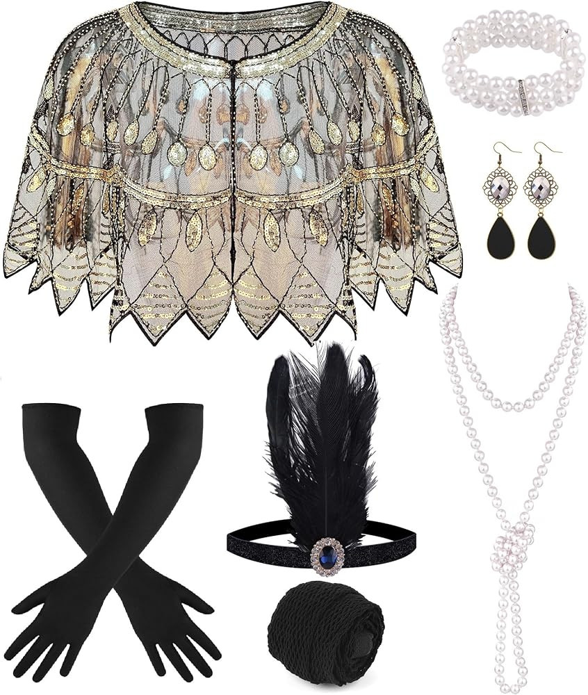 PLULON 1920s Flapper Accessories Set for Women, Great Gatsby Dresses Sequin Shawl Wraps Roaring 2... | Amazon (US)