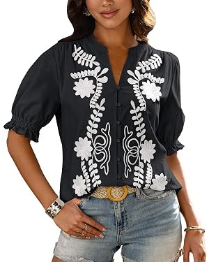 BTFBM Women's 2026 Summer Tops Casual Floral Boho V Neck Puff Short Sleeve Button Down Shirts Emb... | Amazon (US)