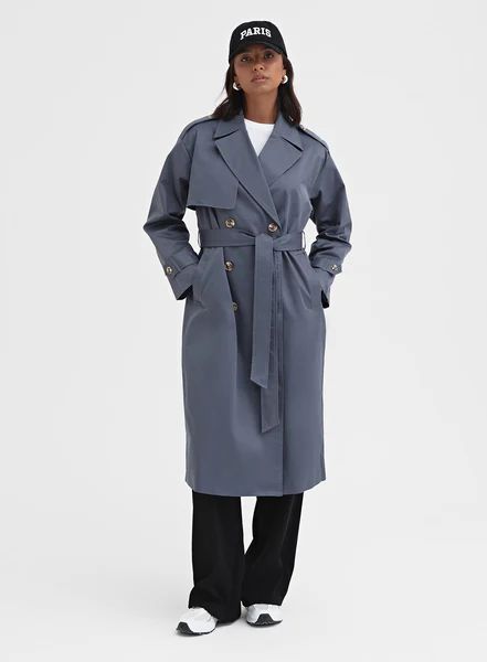 Slate Blue Belted Trench Coat - Lille | 4th & Reckless