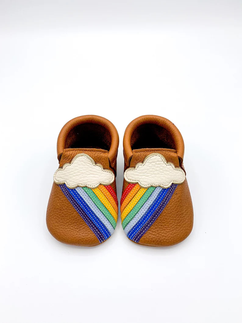 Rainbow Moccasins, Soft Sole Baby Shoes, Leather Baby Slippers, Soft Crib Shoes, Brown Baby Shoes... | Etsy (Global)