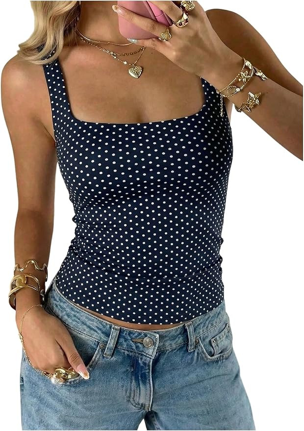 MakeMeChic Women's Polka Dots Square Neck Crop Tank Top Y2k Sleeveless Fitted Summer Going Out To... | Amazon (US)