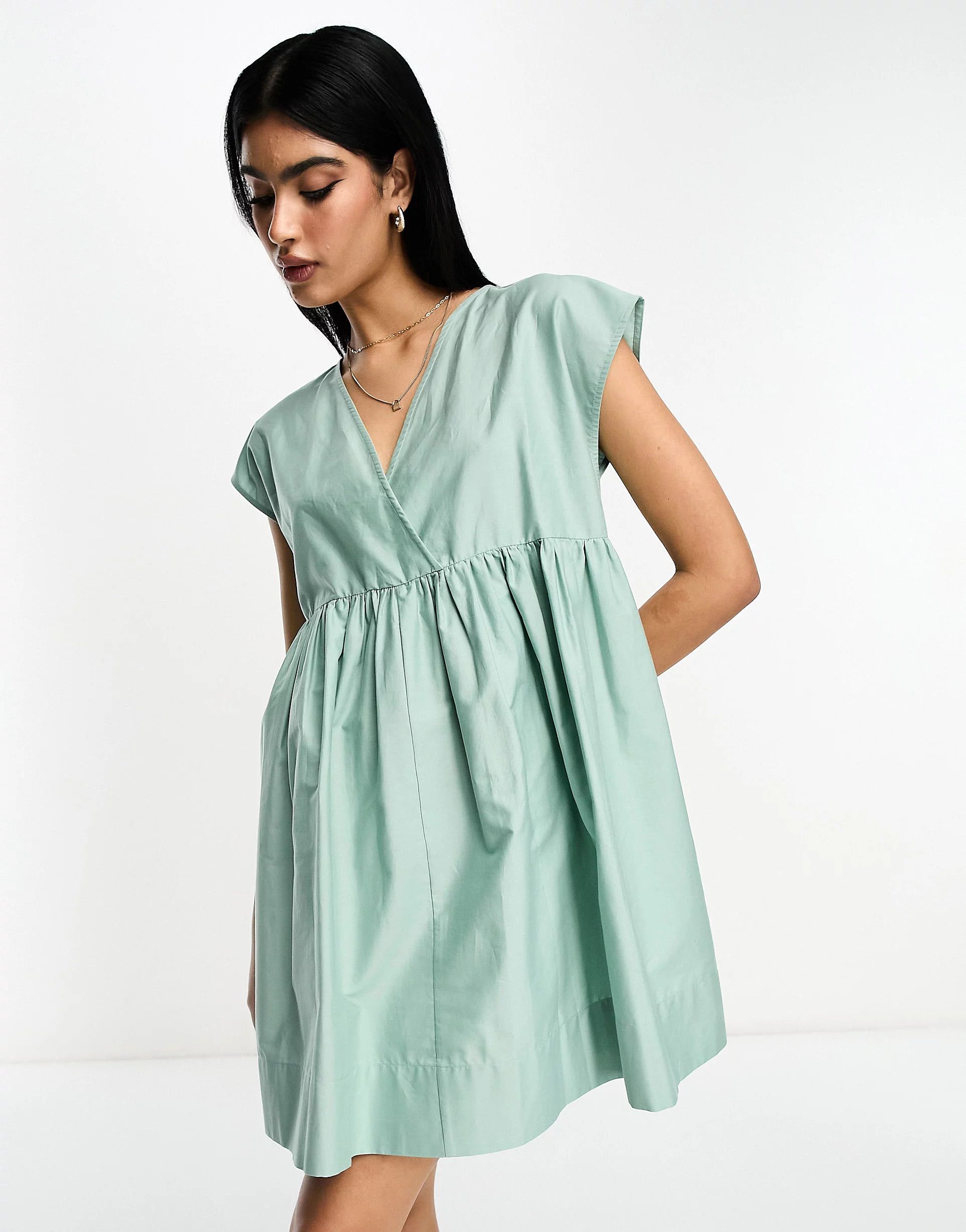 ASOS DESIGN cotton v neck mini smock dress in seafoam green | ASOS (Global)
