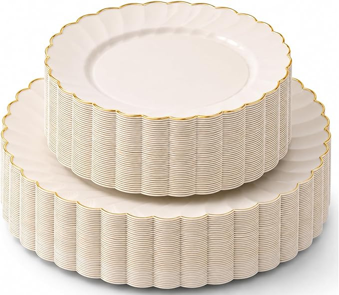 HEAVYWEIGHT Plastic Plates for Party | 60 Pc Ivory Scalloped Plates with Gold Trim | Fancy Dispos... | Amazon (US)