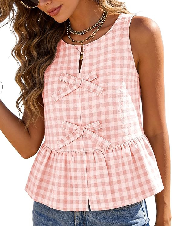Womens Summer Sleeveless Gingham Tank Tops Bow Knot Round Neck Flowy Ruffled Peplum Hem Cute Shir... | Amazon (US)