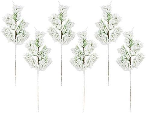 AuldHome Flocked Evergreen Greenery Picks (6-Pack); Snow Frosted Christmas Decor Floral Stems for... | Amazon (US)