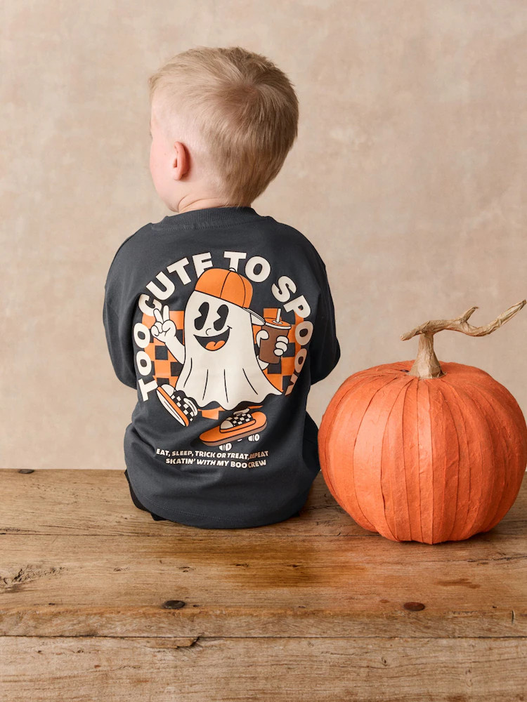 Black Glow in the Dark Halloween Ghost Long Sleeve Back Graphic T-Shirt (3mths-7yrs) | Next US
