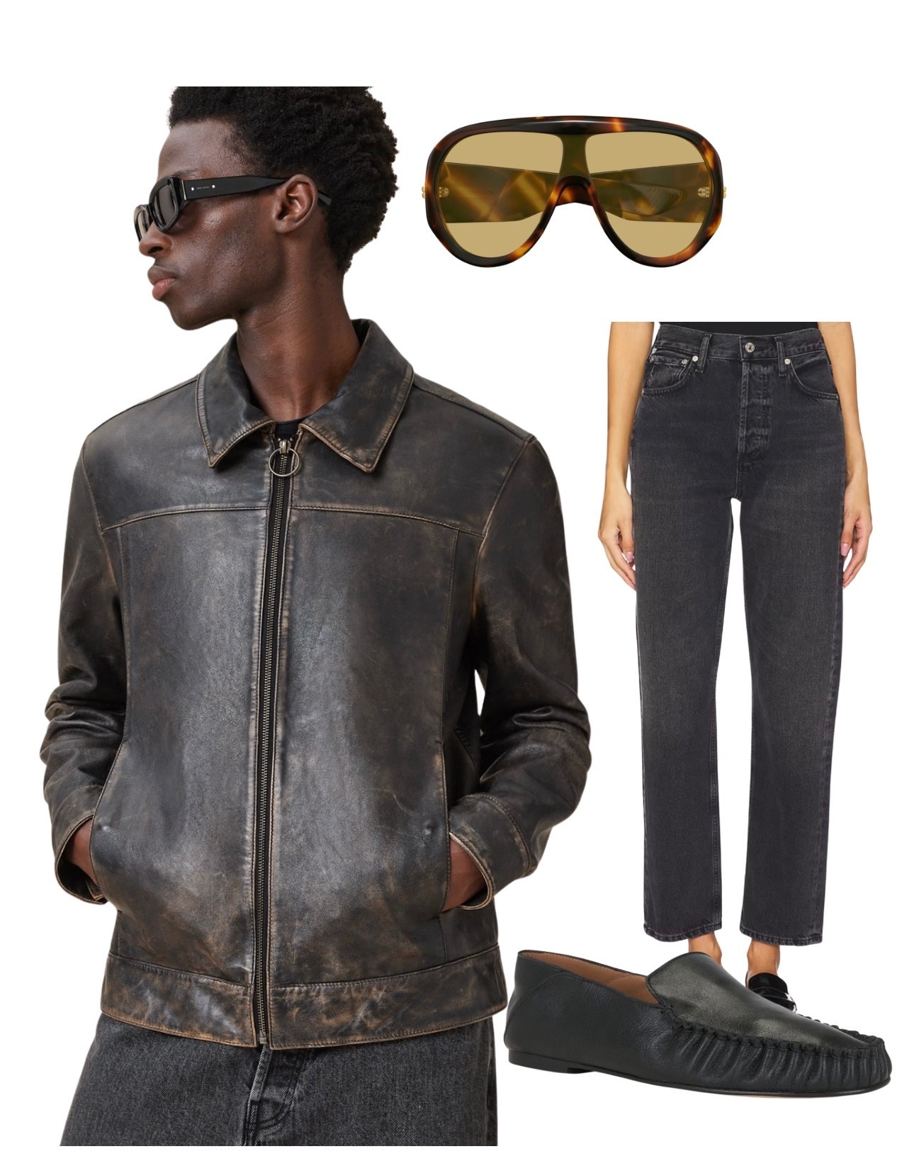 Such a cool look. Leather jacket, black denims, funky oversized sunglasses with a timeless pair of loafers to go with it  