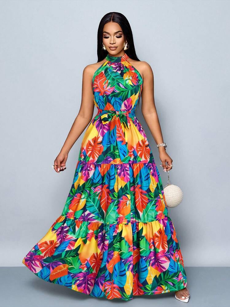 SOLERSUN Women's Fashionable All-Over Floral Print Halter Maxi Dress With Belt, Flowy For Vacation | SHEIN