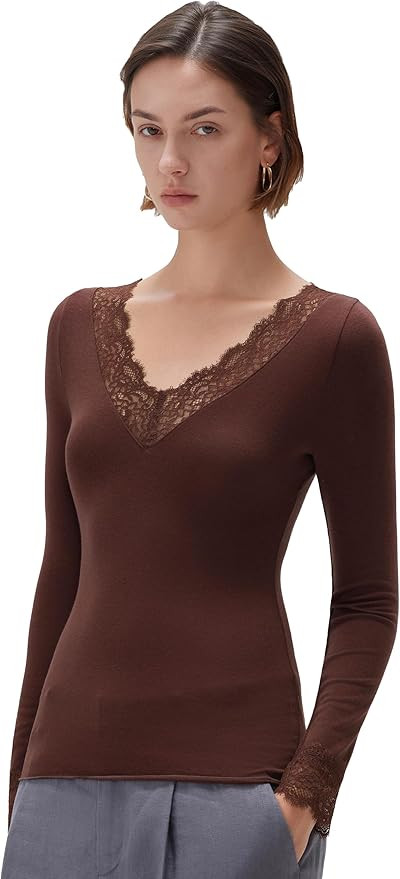 SUUKSESS Cloud Cashmere Women Basic Tops V Neck Boat Neck Lace Long Sleeve Shirt | Amazon (US)