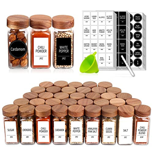 Churboro 24 Spice Jars with 547 Labels - Glass Spice Jars with Shaker Lids - 4 Oz Square Spice Containers with Acacia Wood Lids, Chalk Pen, Funnel- Seasoning Jars for Spice Rack, Cabinet, or Drawer | Amazon (US)
