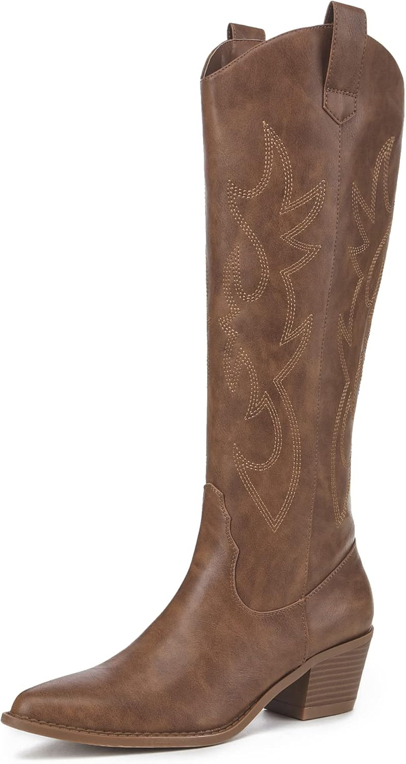 Athlefit Women's Western Embroidered Cowboy Boots Pointed Toe Chunky Heel Pull On Knee High Boots | Amazon (US)