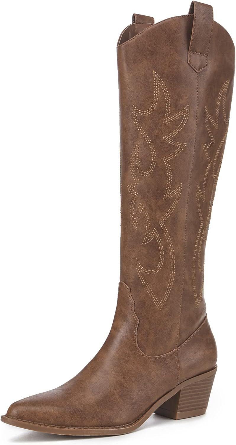 Athlefit Women's Western Embroidered Cowboy Boots Pointed Toe Chunky Heel Pull On Knee High Boots | Amazon (US)