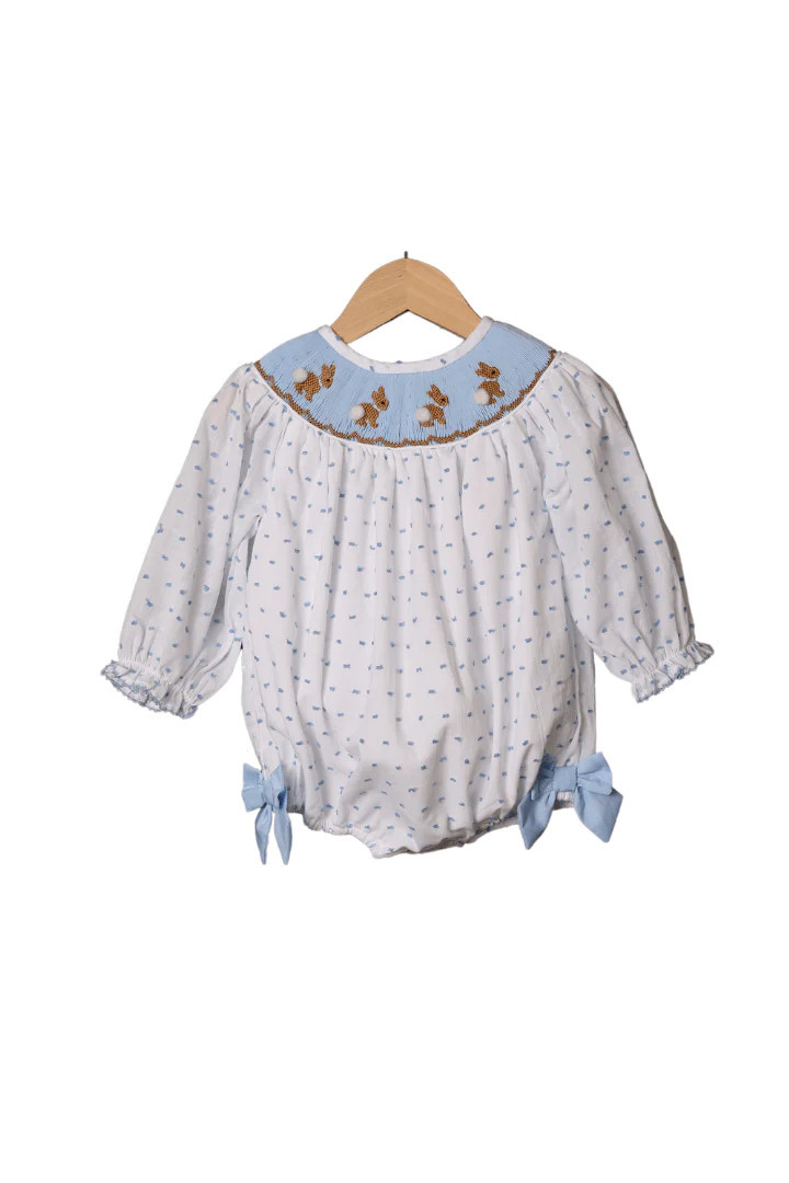 Smocked Blue Swiss Dot Bunny Long Sleeve Bow Bubble | The Smocked Flamingo