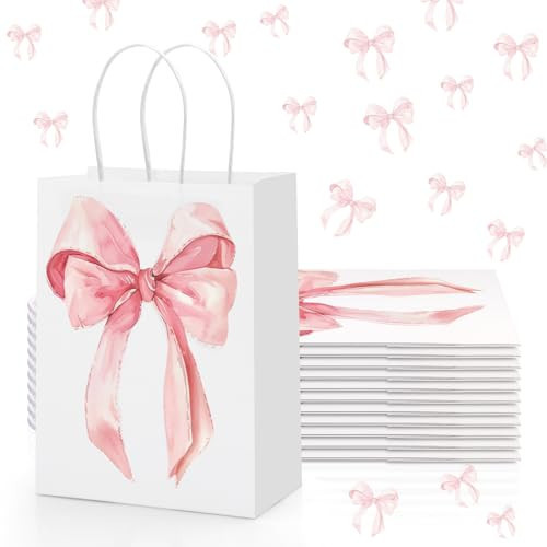 Draupnir 12PCS Coquette Pink Bow Paper Gift Bags, Party Favor Bags, Pink Goodie Bags for Birthday&Bachelorette Party Decoration Coquette Bow Gift Pouches with Handles 8.3x5.9x3.1 Inch | Amazon (US)