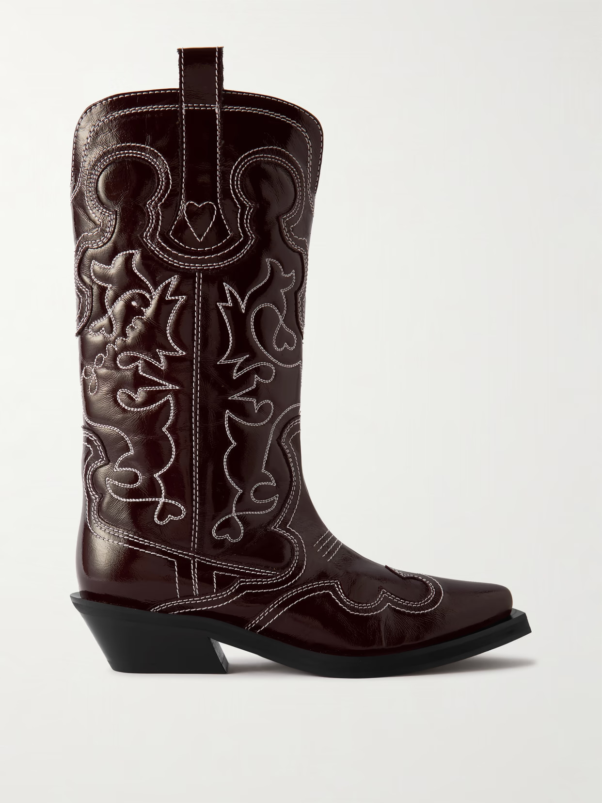 GANNI - Embroidered Patent-leather Cowboy Boots - Burgundy | NET-A-PORTER (US)