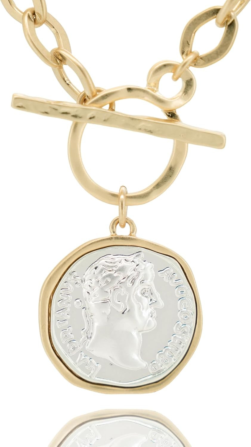 Women's Chunky Coin Necklace, 18K Gold Plated, 18-Inch Toggle Chain | Double-Sided Antique Coin Pendant with Thick Link Chain for Layered Looks and Vintage Statement Style for Everyday Wear | Amazon (US)
