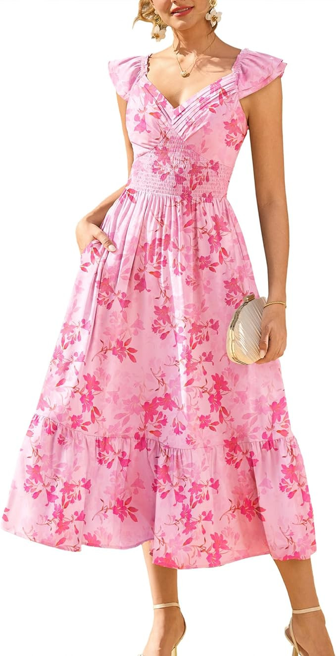 GRACE KARIN Women's Summer Floral Maxi Dress 2026 Ruffle Sleeve Smocked Sundress Flowy Wedding Gu... | Amazon (US)