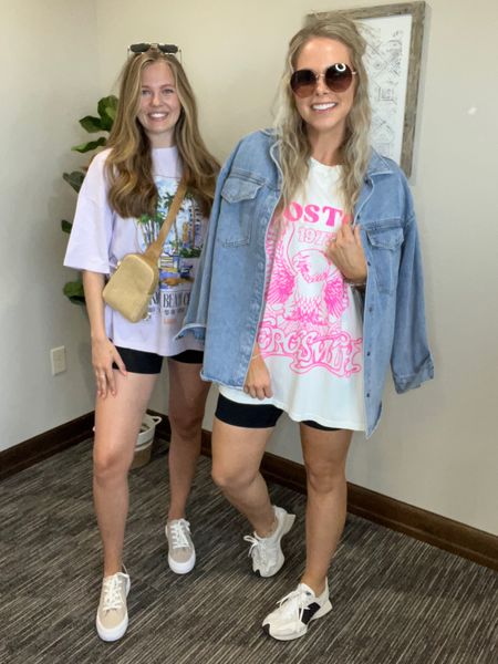 I’m wearing l/xl in the pink and white graphic tee but could do smaller size. Medium biker shorts. Brynn is wearing small in graphic tee  

#LTKSeasonal #LTKStyleTip #LTKFestival