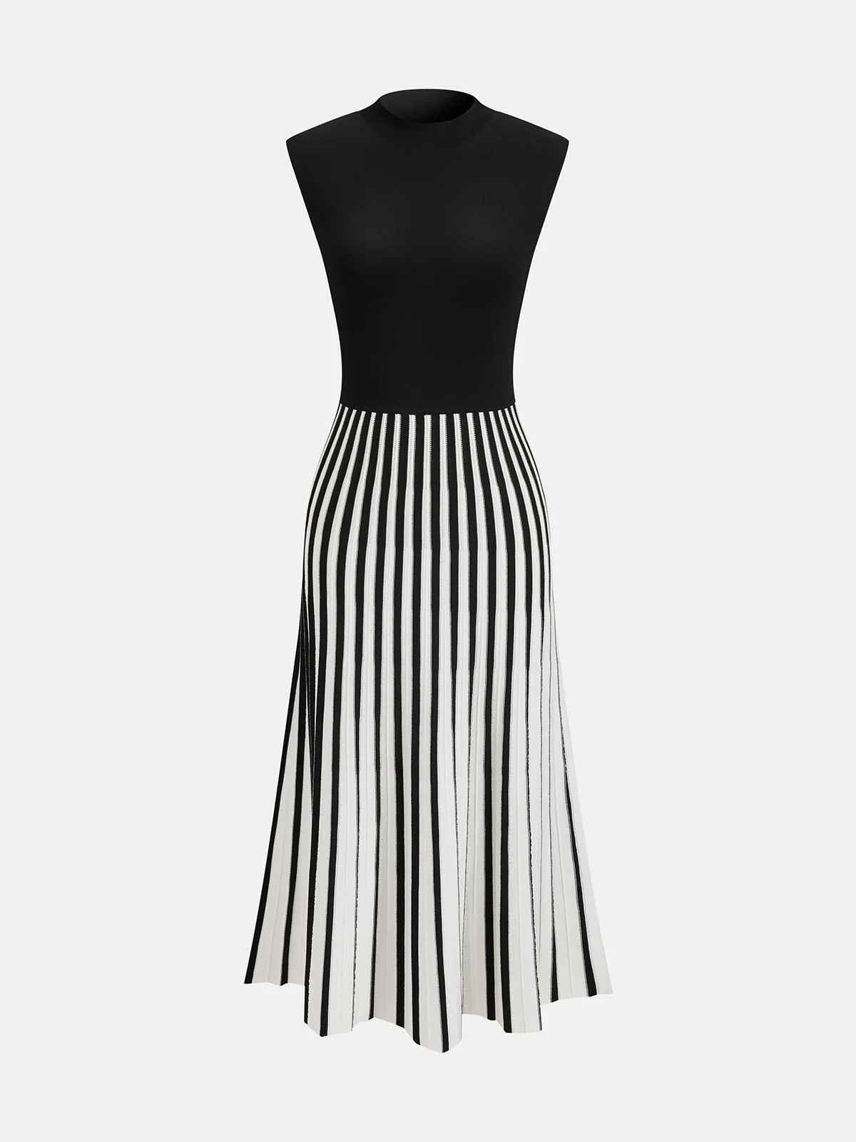 Sleeveless Mock Neck Striped Midi Dress | Commense