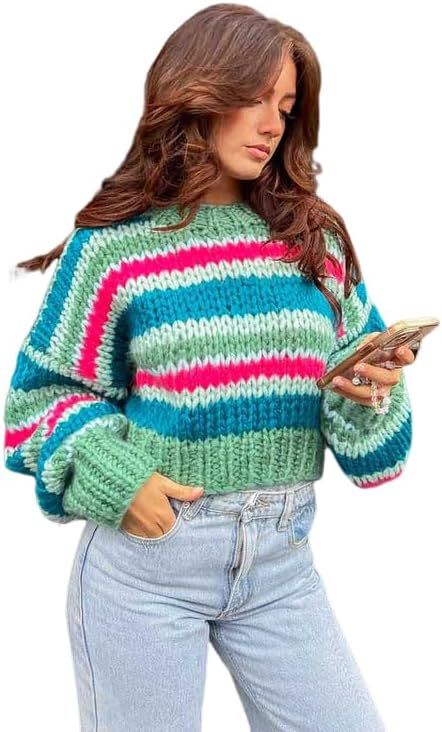 ZAFUL Women's Color Block Striped Sweater Crew Neck Lantern Sleeve Cropped Sweaters Casual Loose ... | Amazon (US)