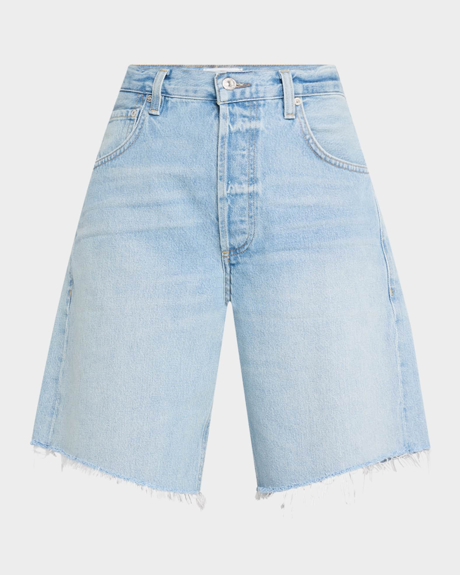 Ayla Frayed Long Denim Shorts | Neiman Marcus