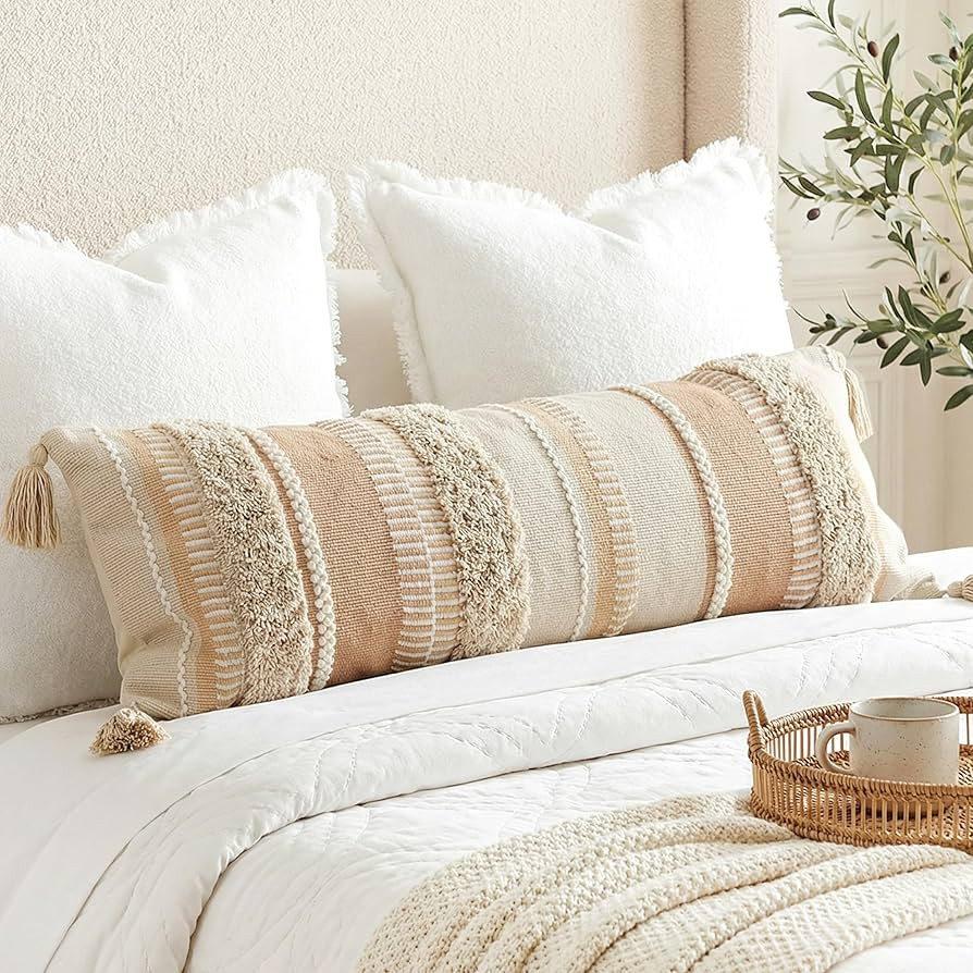 BlissBlush Decorative Lumbar Pillow Cover 14x36 for Bed, Neutral Cream Boho Long Accent Pillow wi... | Amazon (US)