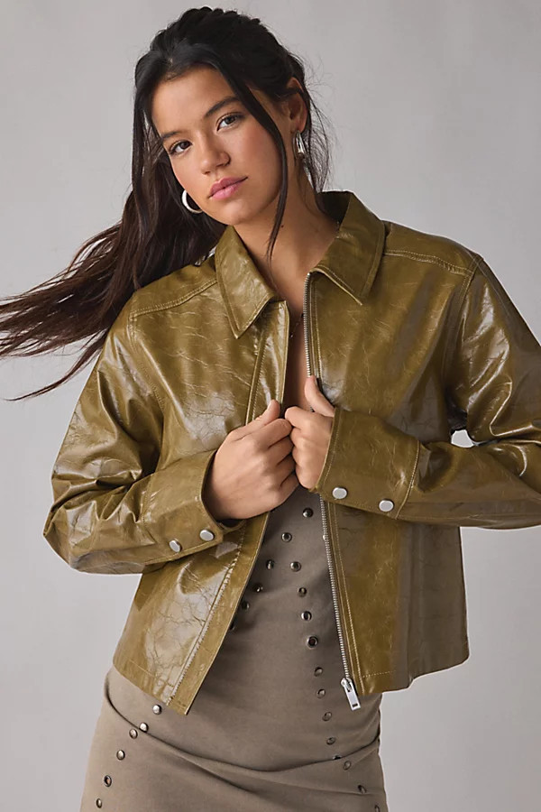 Urban Outfitters UO Roxy Zip-Up Faux Leather Moto Jacket in Green, Women's at Urban Outfitters | Urban Outfitters (US and RoW)