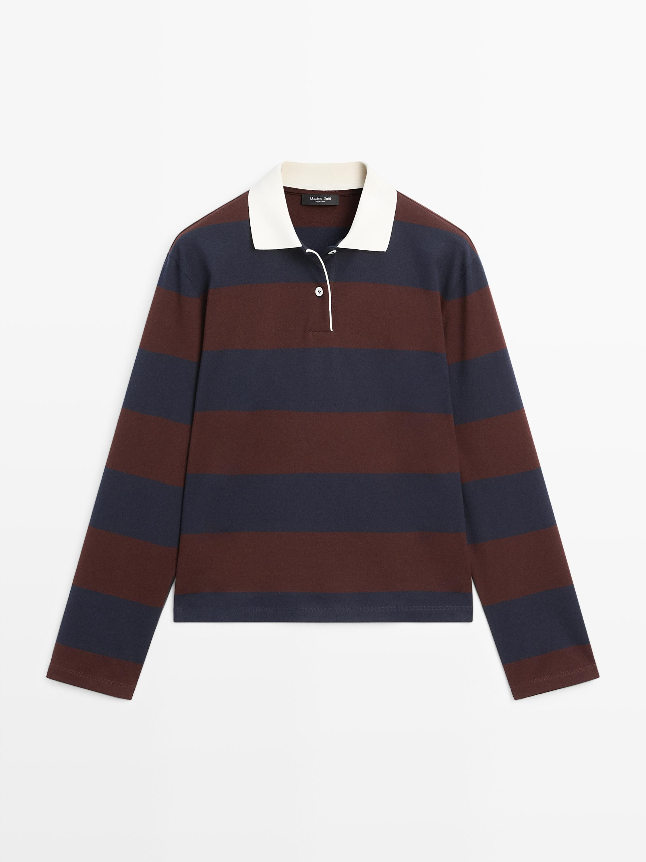 Striped long sleeve cotton polo shirt | Massimo Dutti FR