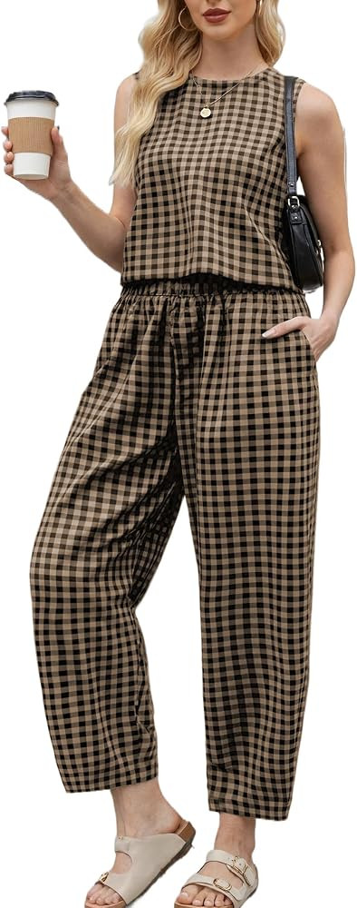 2 Piece Sets For Women Summer Gingham Tank Top Wide Leg Pants Matching Casual Beach Vacation Trav... | Amazon (US)