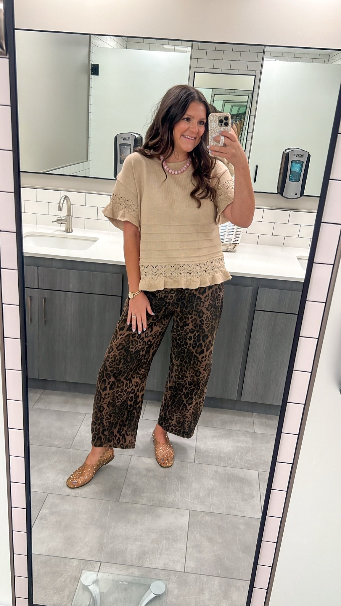 Obsessed with this outfit! It’s got fall vibes but with a pop of summer (pink necklace). Sized up to a large in the top for a flowier fit. Jeans are tts! Sized up half size in the shoes (they don’t have half sizes so sized up from 7.5 to an 8)

Ruffle top / feminine top / girly top / sweater top / flowy top / simple but elevated / mom outfit / mom style / mom ootd / mom workwear / mom work outfit / work top / comfy workwear / comfy work outfit / comfy outfit / leaopard jeans / barrel jeans / drawstring waist / stretchy jeans / mom jeans / postpartum jeans / mom friendly / postpartum friendly / summer to fall outfit / fall outfit / business casual / comfy but cute / jelly shoes / jelly flats / working mom

#LTKootd #LTKmomlife #LTKWorkwear