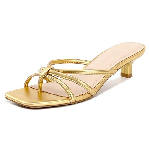 Athlefit Gold Kitten Heels for Women Strappy Flip Flop Low Heels Square Toe Dressy Short Heeled Thong Sandals Size 5.5 | Amazon (US)