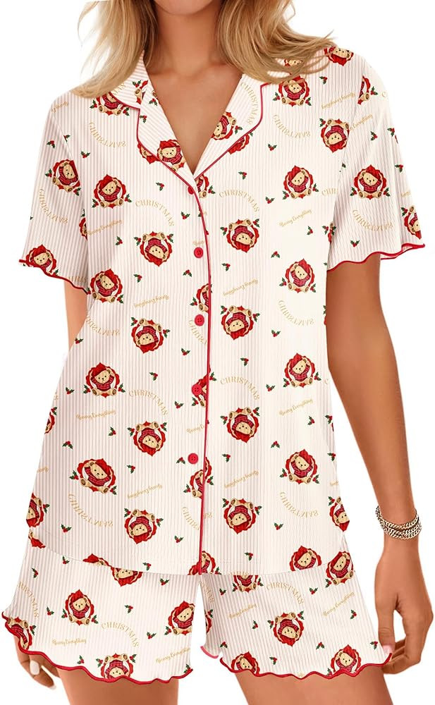Ekouaer Button Up Pajamas Set for Women Short Sleeve Ribbed Knit Sleepwear 2 Piece Pjs Shorts Set | Amazon (US)