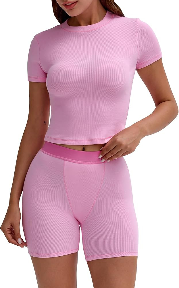 Two Piece Outfits for Women Matching Set Tracksuit Casual Workout Clothes Cotton Ribbed T-shirt B... | Amazon (US)