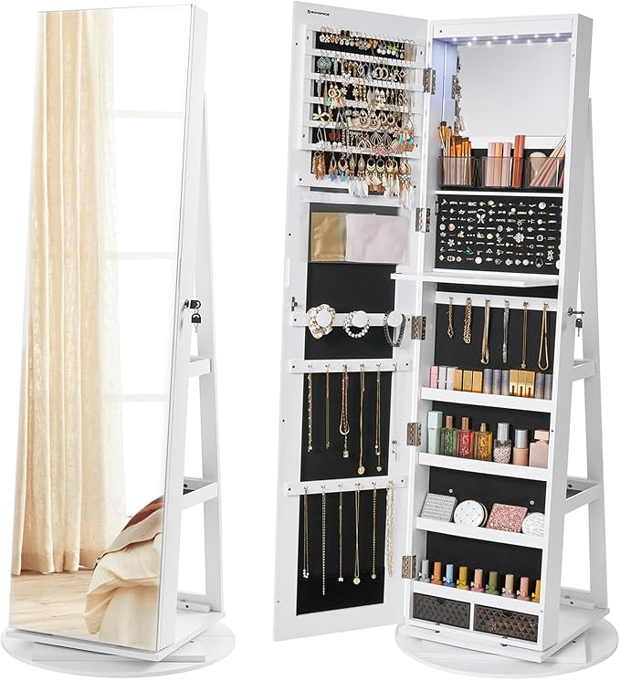 SONGMICS 6 LEDs Lockable Mirror Jewelry Cabinet, 360° Swivel Jewelry Organizer Armoire Standing,... | Amazon (US)