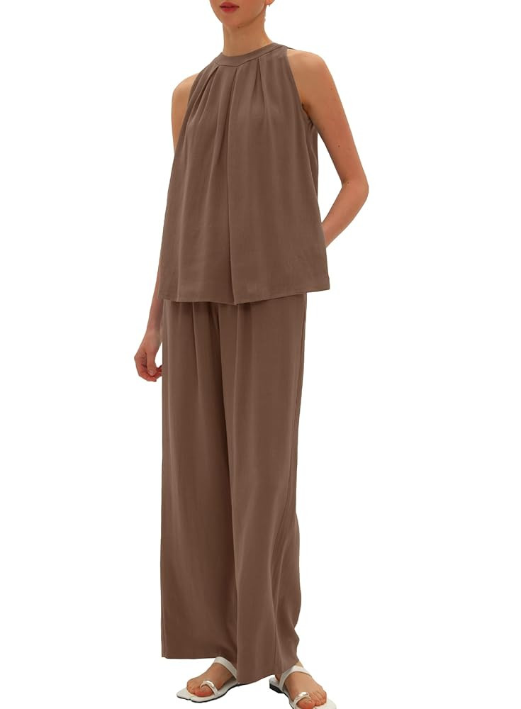 Beaully Women's Summer Linen 2 Piece Outfits Sets Loose Fit Sleeveless Tank Tops Wide Leg Pant Se... | Amazon (US)