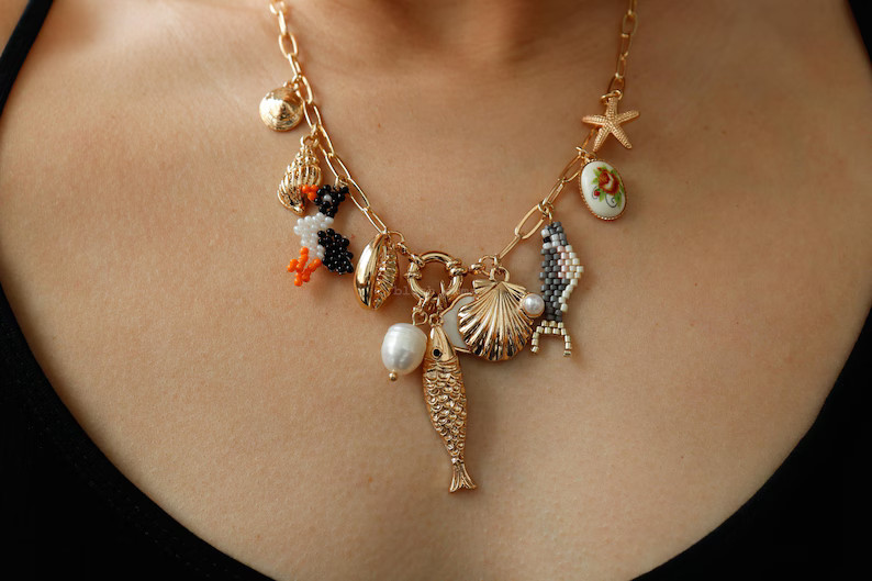 Coastal Chunky Antique Charms Mixed Paperclip Necklace, Boho Clavicle, Beach, Fish, Coquette Dain... | Etsy (US)