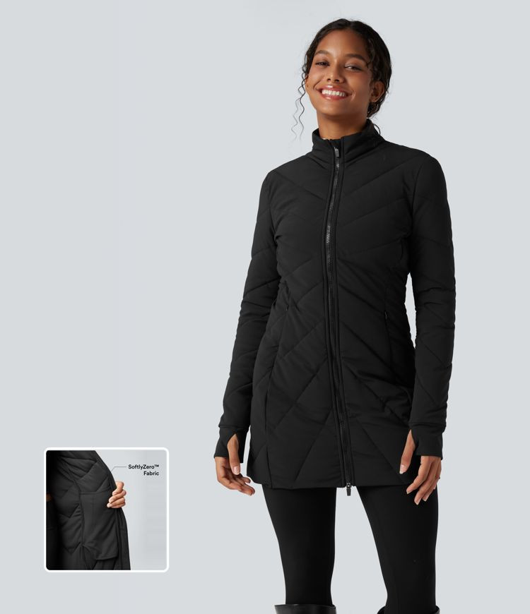 Women’s PuffFlex Stand Collar Double Zipper Thumb Holes Casual Quilted Jacket with Pockets - Ha... | HALARA