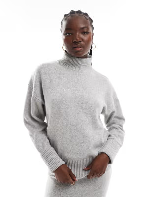 ASOS DESIGN knitted high neck jumper with turn back cuffs in mid grey | ASOS (Global)