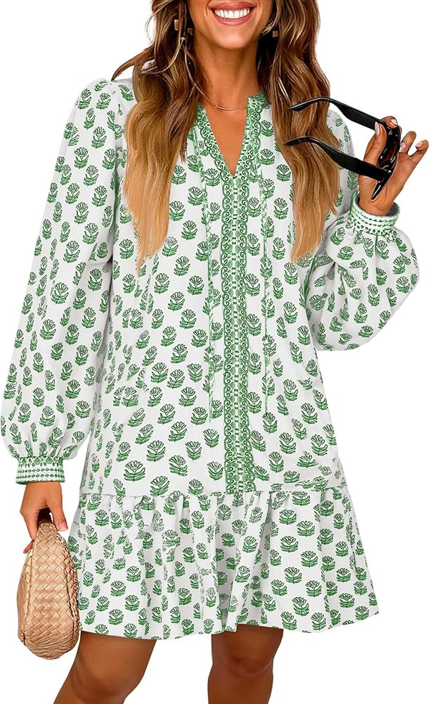 Wenrine Womens Long Sleeve Casual Mini Dress Floral V Neck Ruffle Loose Fall Boho Babydoll Dresse... | Amazon (US)