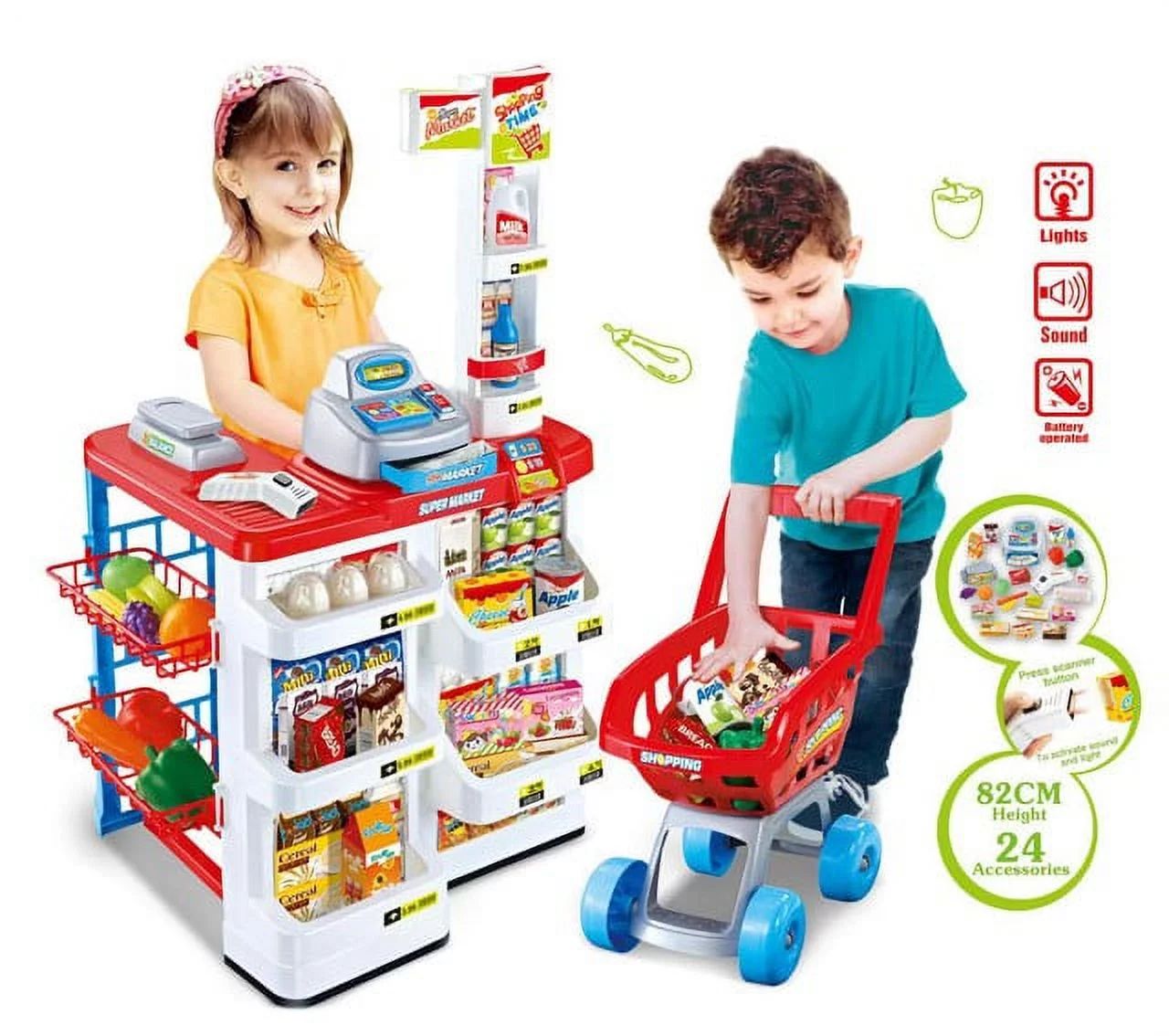 Supermarket Play Set Toys for Kids w/Shopping Cart, Cash Register and Electronic Scanner Toy for ... | Walmart (US)