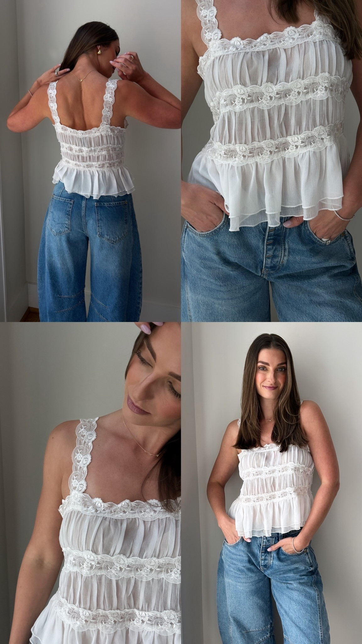 Two of last weeks best sellers! This shirred lace tank and barrel jeans! The jeans run big, size down one - wearing a 26. The top runs true to size, wearing a small and it comes in 2 colors. 

Spring outfit 