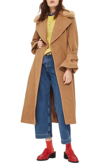 Women's Topshop Faux Fur Collar Belted Wool Blend Coat, Size 2 US (fits like 0) - Beige | Nordstrom