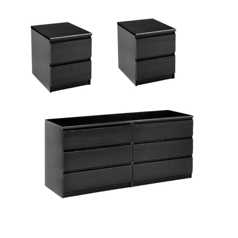 3 Piece Bedroom Set with 6-Drawer Double Dresser and Two Night Stands in Black Woodgrain | Walmart (US)