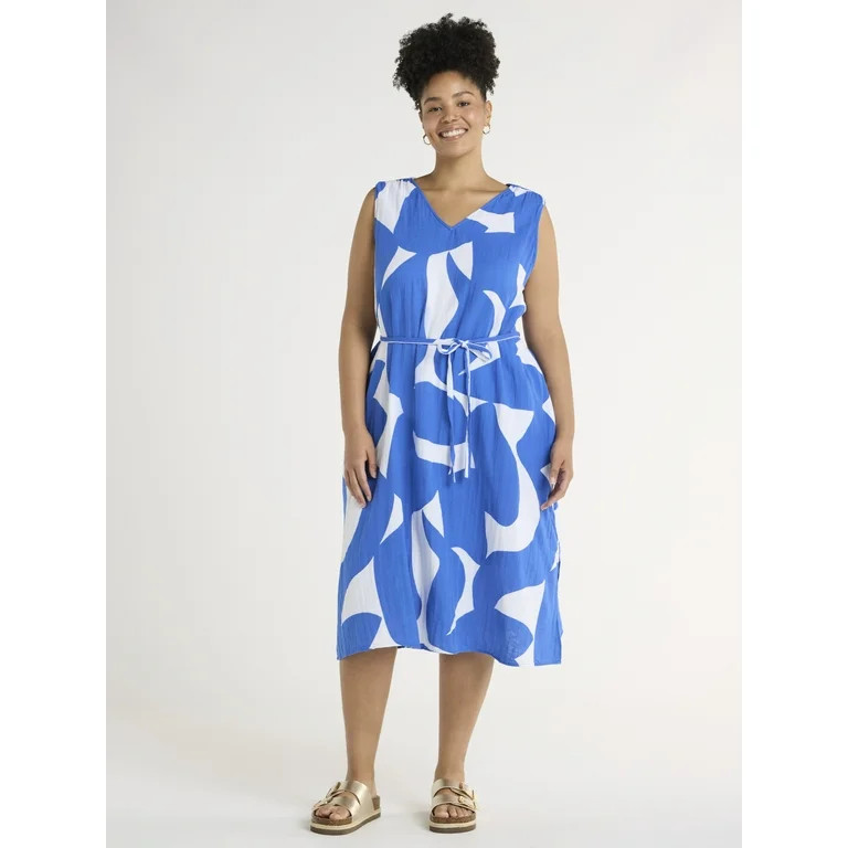 Time and Tru Women's and Women's Plus V-Neck Midi Dress, Sizes XS-4X | Walmart (US)