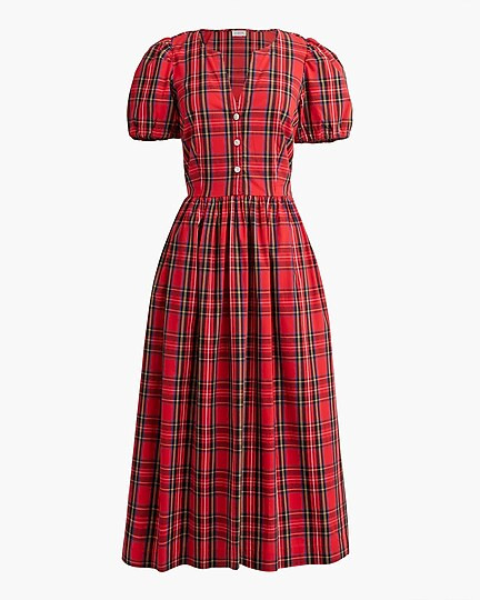 Stewart tartan  puff-sleeve midi dress with jeweled buttons | J.Crew Factory