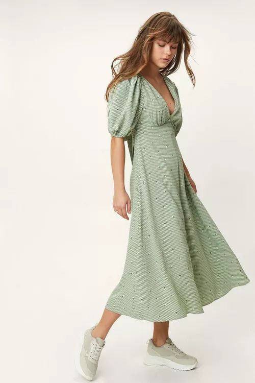 Embroidered Check Puff Sleeve Midi Tea Dress | Nasty Gal (US)