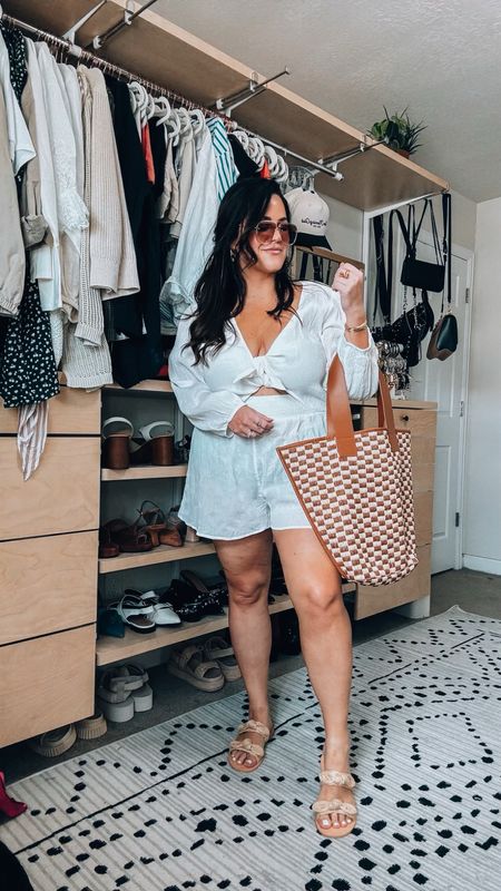Midsize summer vacation outfit Wearing an xl in this comfy lightweight romper. It is a tinge see through. Wear nude underwear or as a swimsuit coverup Woven sandals Tts Obsessed with this oversized woven bag

#LTKstyletip #LTKSeasonal #LTKmidsize