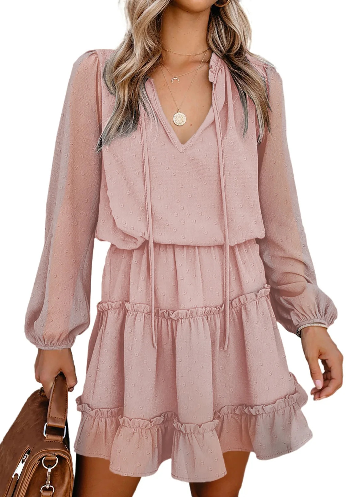 Dokotoo Womens Pink Long Sleeve Casual Autumn Ruffle Floral Flowy Swing Mini Dress Size Medium US... | Walmart (US)