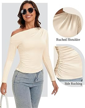 Womens Long Sleeve Shirts Off The Shoulder Going Out Tops Fall Trendy Cute Y2k Top Sexy Asymmetri... | Amazon (US)