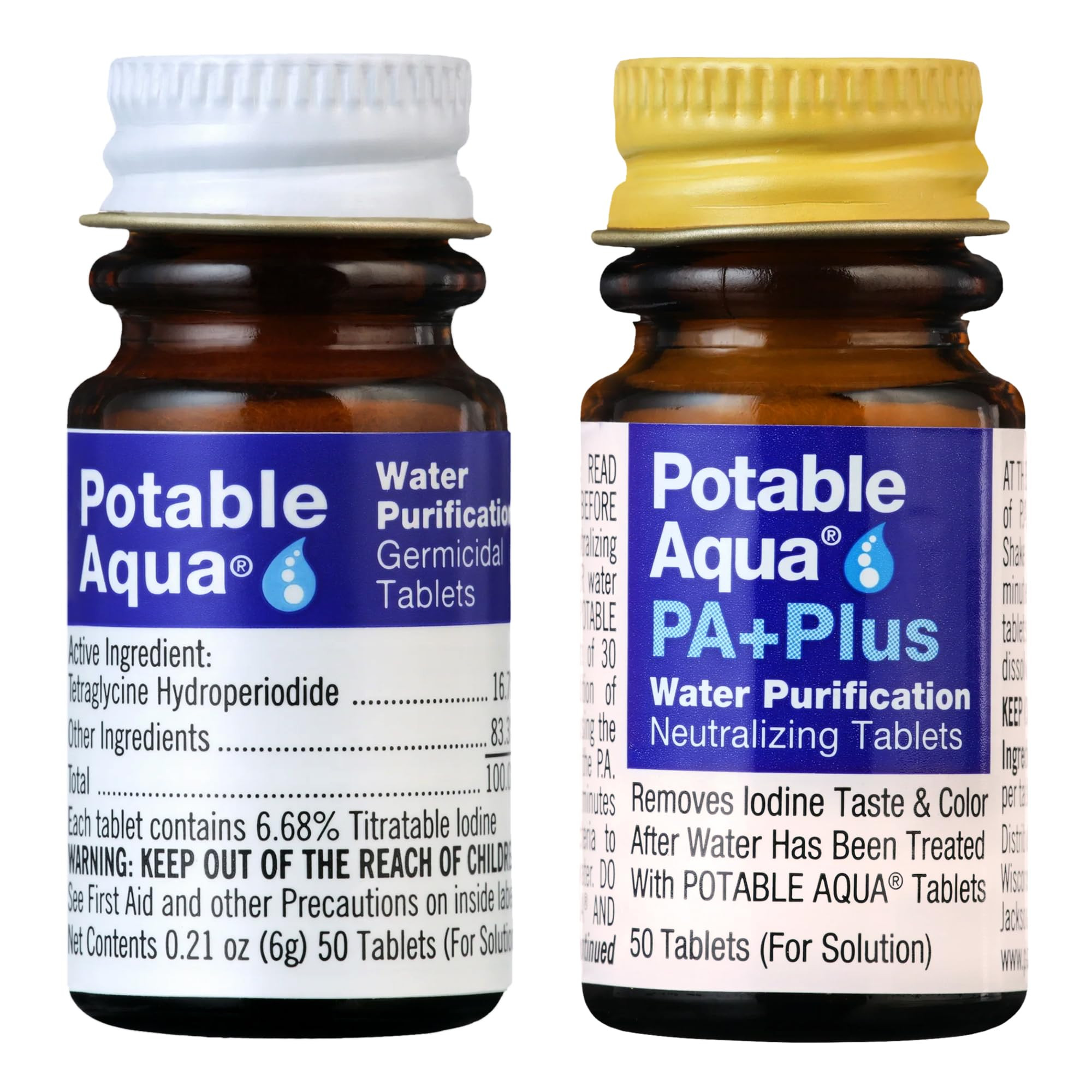 Potable Aqua Water Purification Tablets with PA Plus, Portable and Effective Solution for Camping, Hiking, Emergencies, Natural Disasters and International Travel, Two 50ct Bottles | Amazon (US)